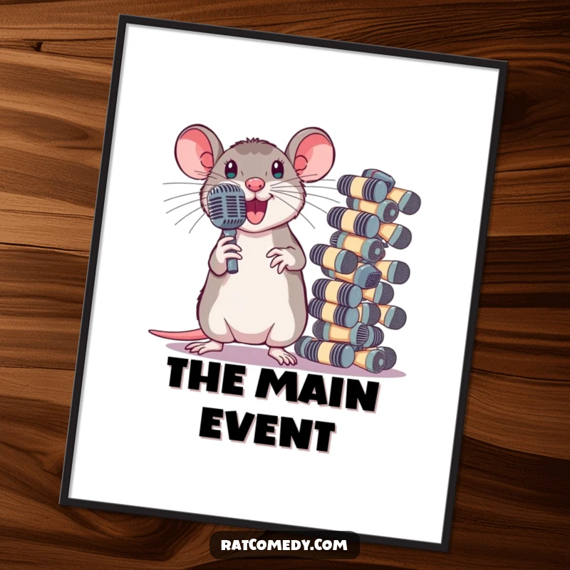 Funny Digital Art Print of a dramatic rat posing next to a large stack of tiny microphones. Instantly downloadable and perfect for performer decor.