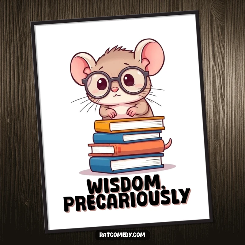 Funny Rat Scholar Digital Art Print of a rat with spectacles balancing books, adding humorous intellectual character to wall decor.