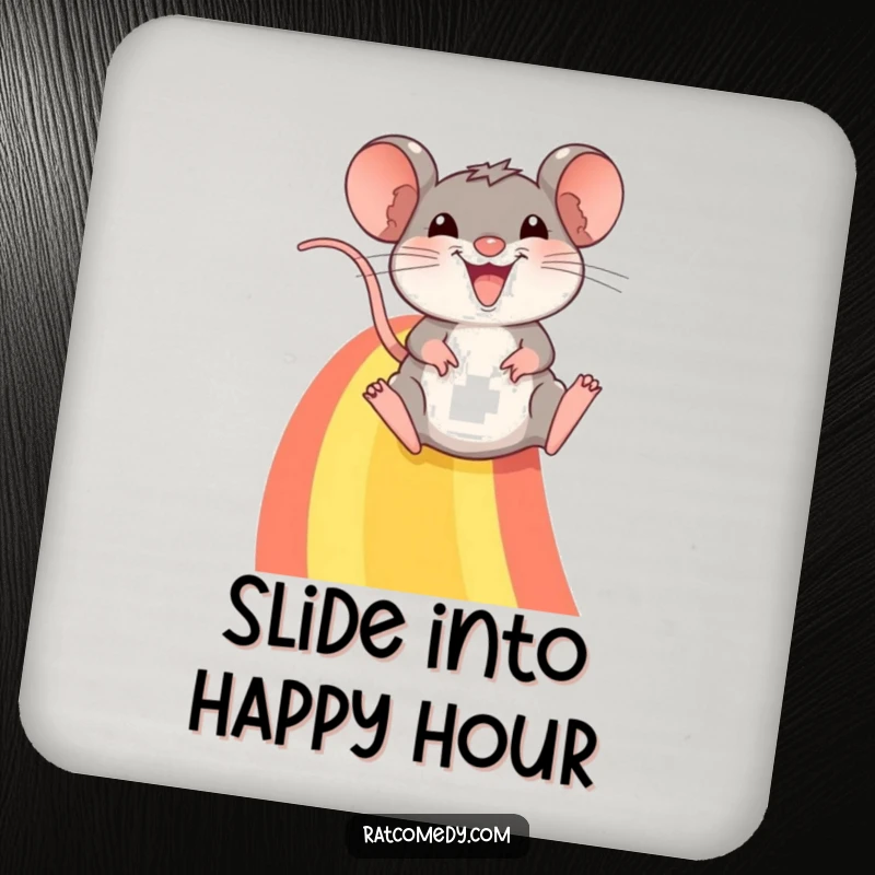 Funny coaster: A happy rat with a wide smile slides down a vibrant rainbow, adding fun to your beverage.