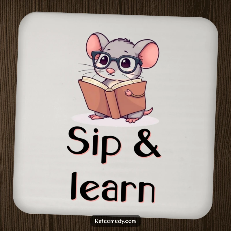 Funny Coaster with a small rat wearing spectacles, reading a giant book, providing humorous surface protection.
