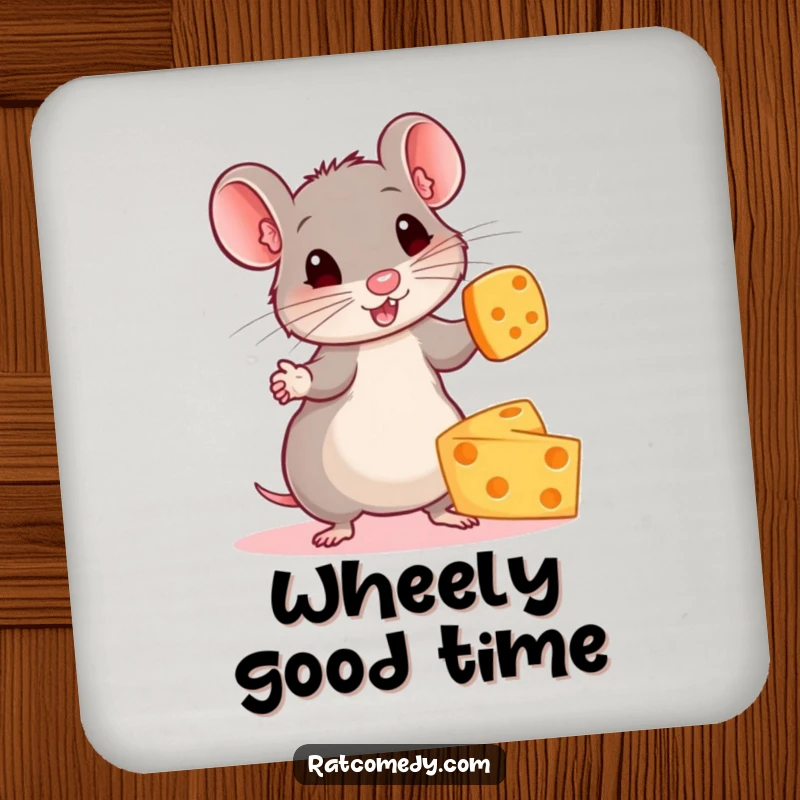 Funny drink coaster featuring a small, energetic rat intently focused on juggling several colorful cheese wheels.