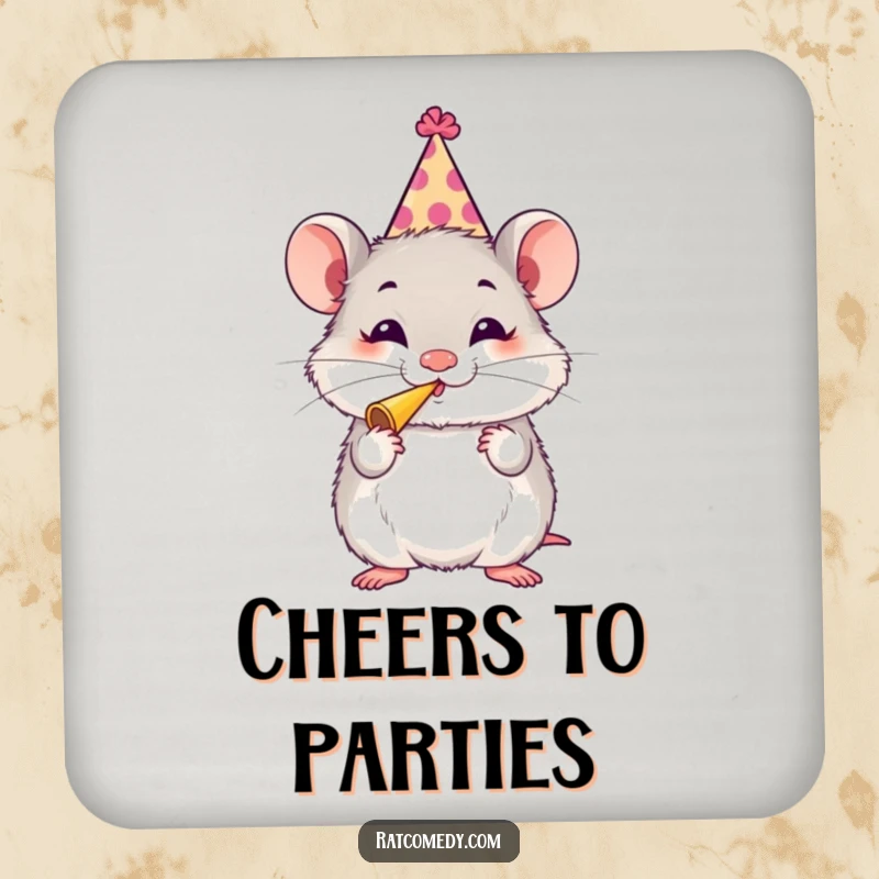 Funny Rat Party Drink Coasters with a fluffy rat in a party hat blowing a horn, offering humorous and festive surface protection.