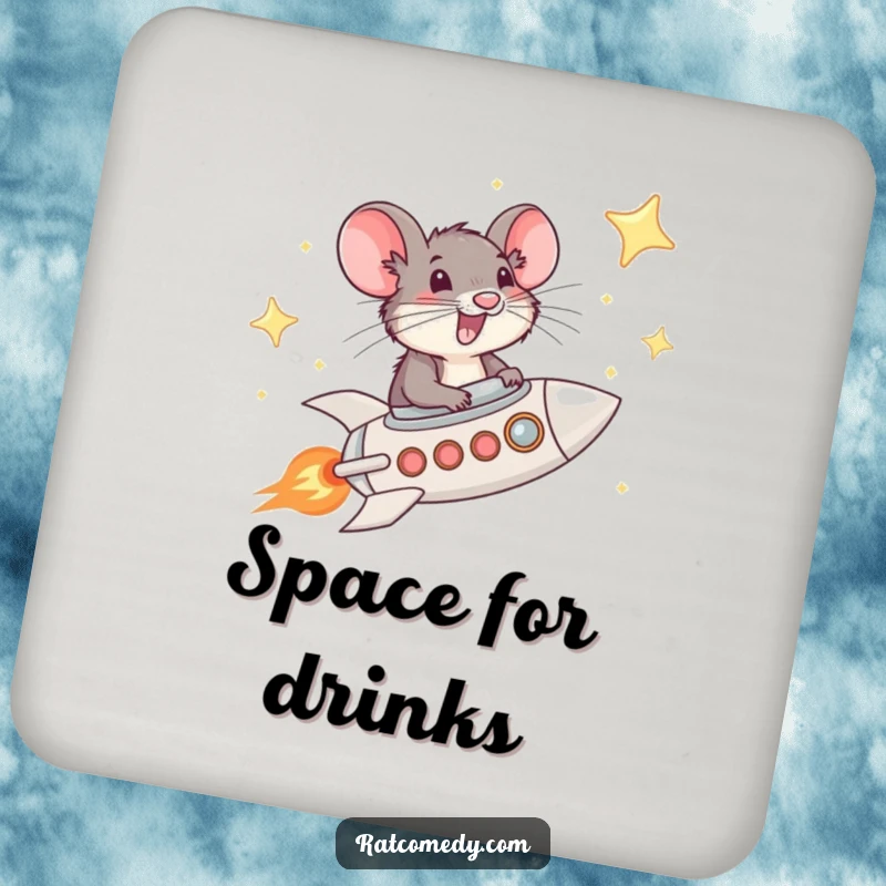 Funny Rat Rocket Drink Coasters with a whiskered rat piloting a rocket through a starry sky, offering humorous and artistic surface protection.