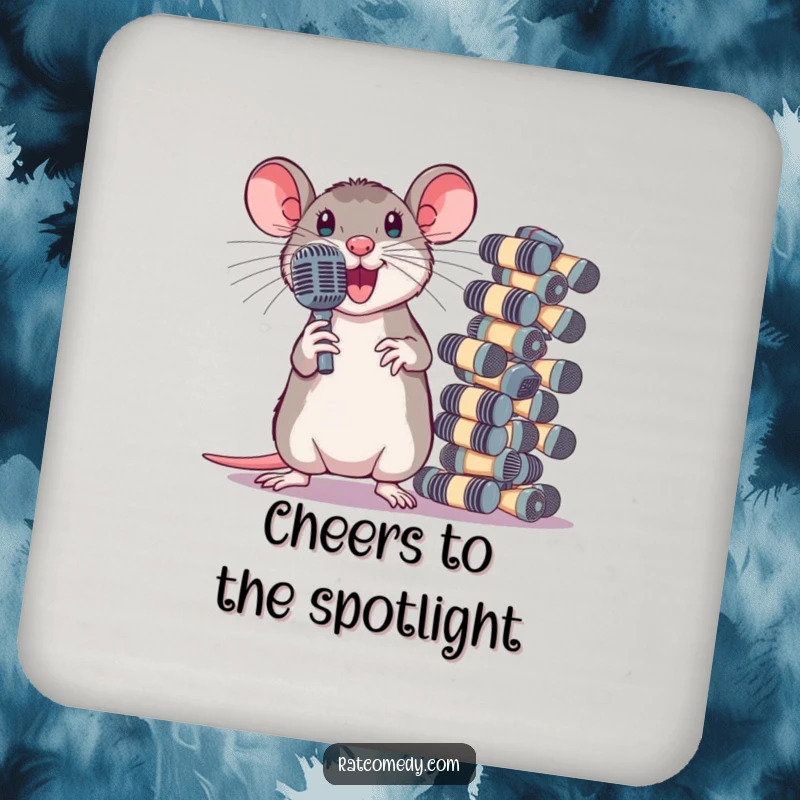 Funny Drink Coasters featuring a dramatic rat posing next to a large stack of tiny microphones. Protects surfaces with performance flair.