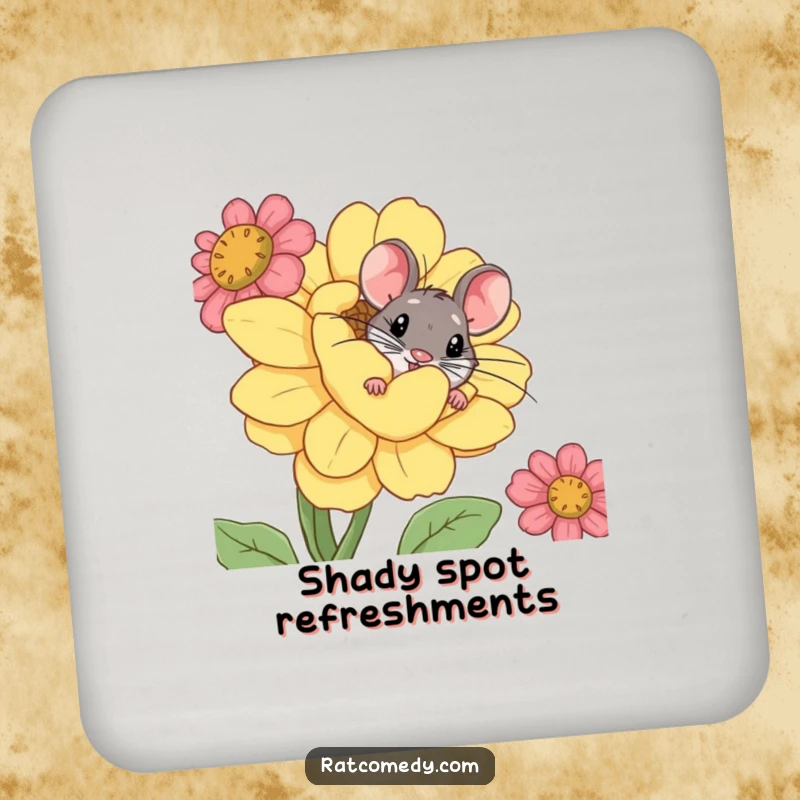 Funny drink coaster with a curious rat peeking from behind a large, comical flower, adding charm.