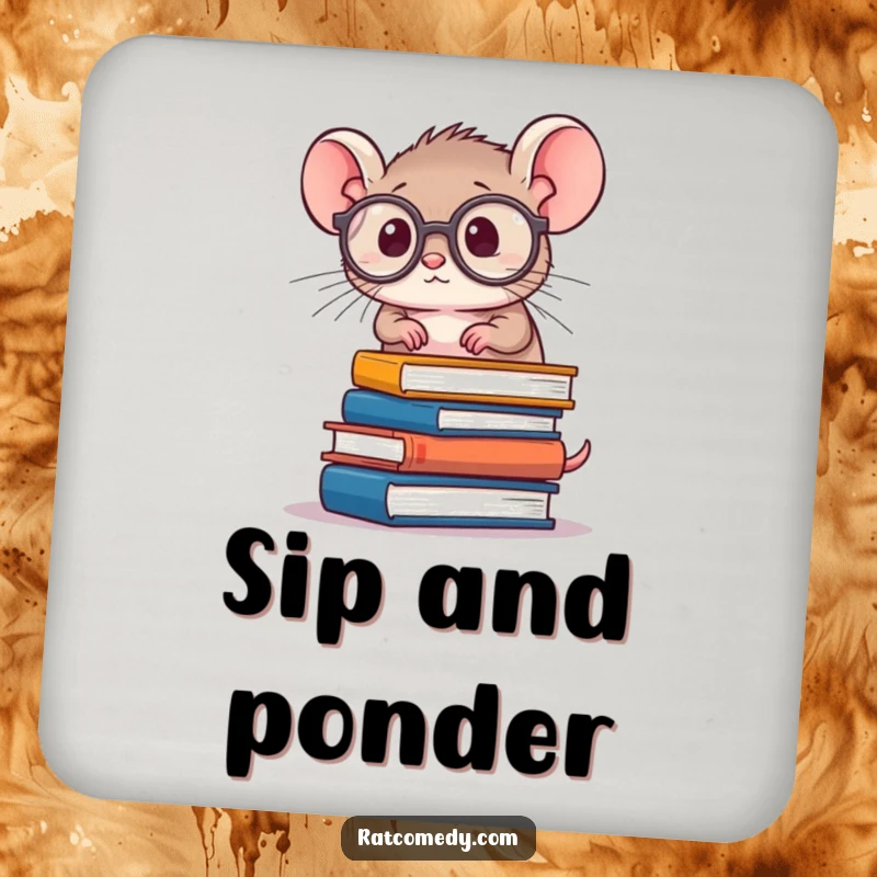 Funny Rat Scholar Drink Coasters with a tiny rat, spectacles, and books, offering humorous and artistic surface protection.
