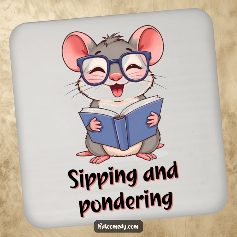 Funny Drink Coasters featuring a giggling rat with oversized glasses, reading a thick book. Protects surfaces with intellectual flair.