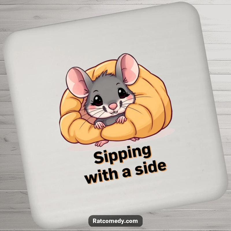 Funny coaster: A curious rat peeks from behind a giant croissant, adding a playful and humorous touch to your drinks.