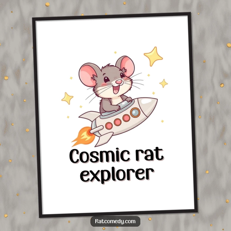 Funny Rat Rocket Poster featuring a whiskered rat piloting a rocket through a starry sky, creating a humorous and adventurous wall art piece.