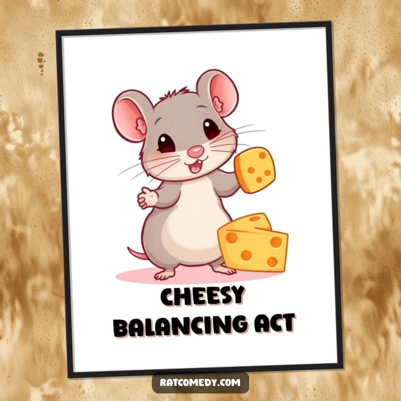 Funny poster print showcasing a small, energetic rat with a focused expression, juggling multiple brightly colored cheese wheels.