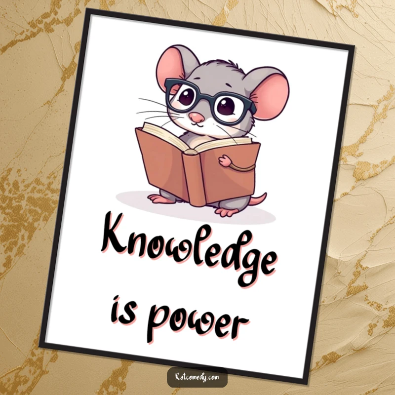 Funny Poster showcasing a small rat wearing spectacles, reading a giant book, perfect for study rooms and libraries.