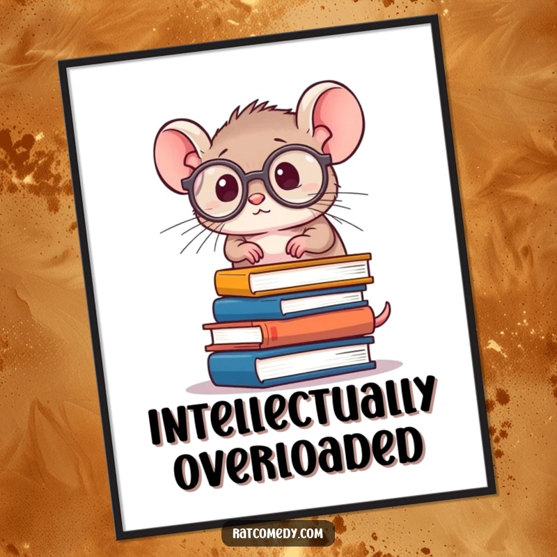 Funny Rat Scholar Poster featuring a tiny, round rat in spectacles precariously balancing books, adding humorous intellectual charm to wall art.