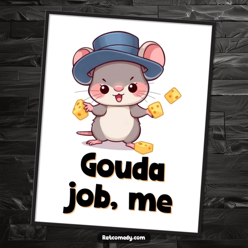 Funny Poster showcasing a kawaii rat in a top hat, juggling cheese chunks with exceptional skill. Whimsical wall decor.