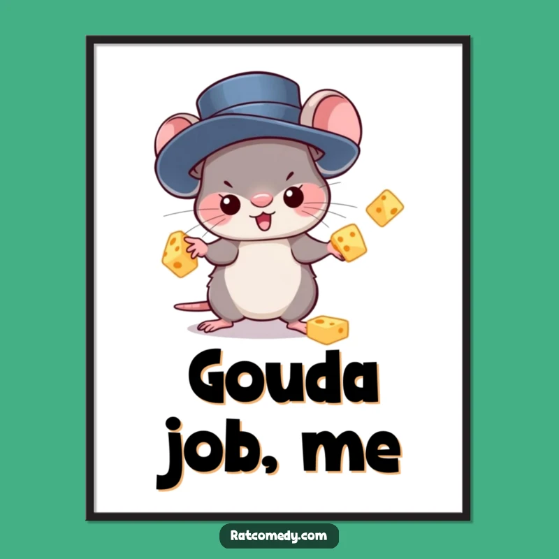 Kawaii Rat Juggling Cheese Poster: Funny Art for a Cheesy Vibe