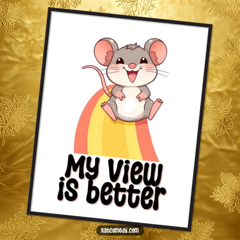 Funny poster: A wide-grinning rat zooms down a vibrant rainbow, capturing a moment of pure, unadulterated fun.