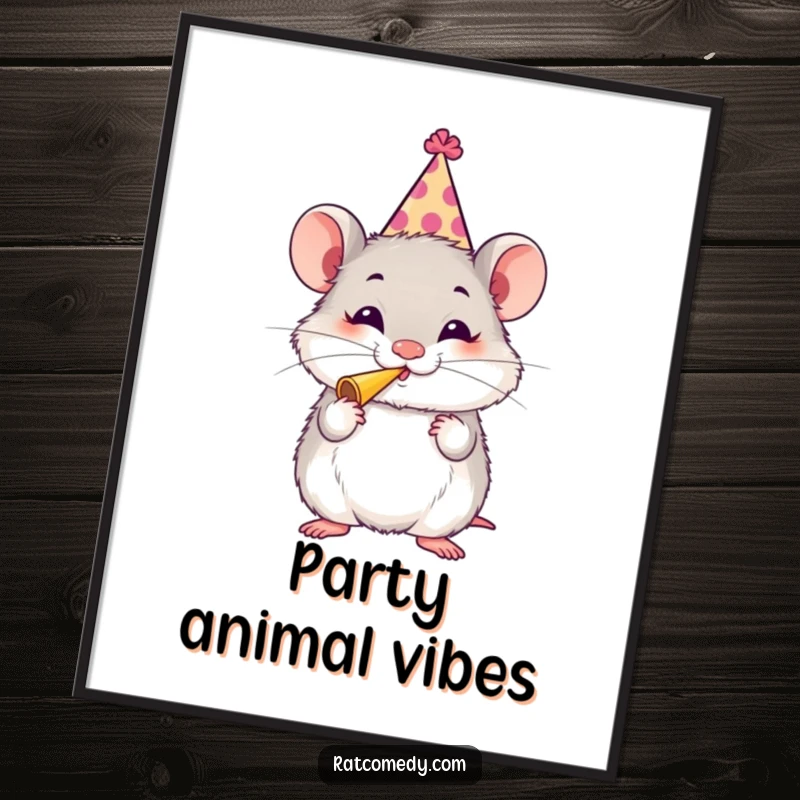 Funny Rat Party Poster featuring a fluffy rat in a party hat blowing a horn with glee, creating a humorous and celebratory wall art piece.