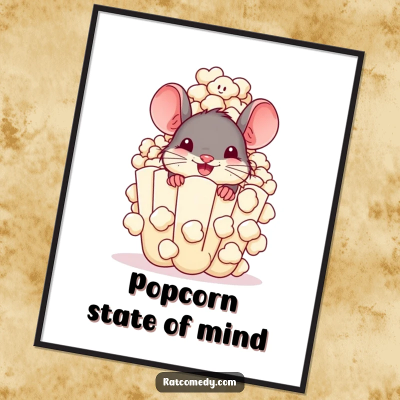 Funny Poster featuring a cheerful rat peeking from a giant, overflowing popcorn kernel. Whimsical wall decor for snack enthusiasts.