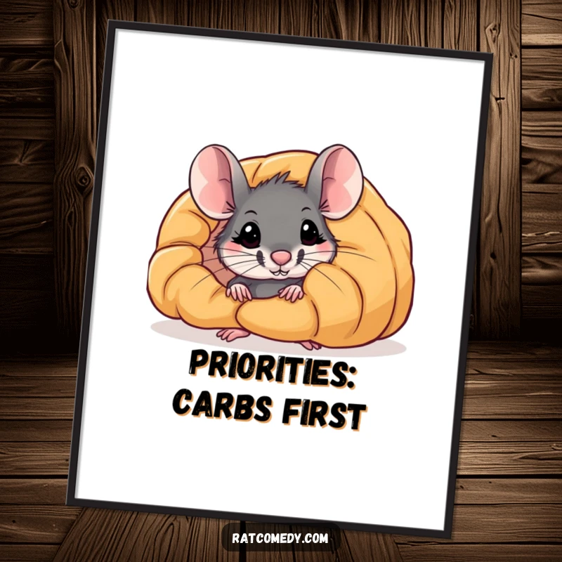 Funny poster: A curious rat’s head emerges from behind a massive, inviting croissant, ready to nibble.