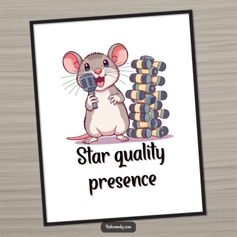 Funny Poster showcasing a dramatic rat posing beside a huge stack of tiny microphones. Rockstar-themed wall decor.