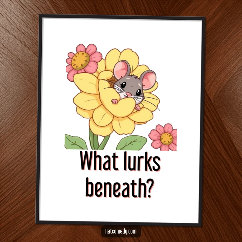 Funny poster art of a rat with inquisitive eyes peeking out behind a huge, comical flower with vibrant petals.