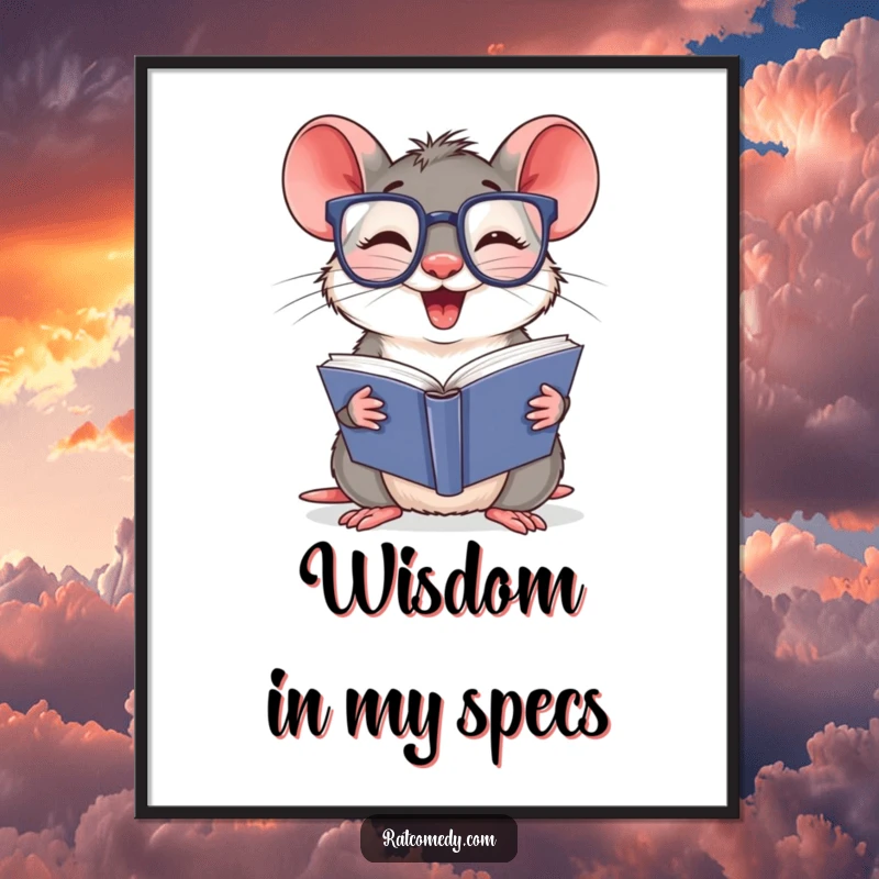 Funny Poster showcasing a giggling rat with large glasses, deeply absorbed in reading a substantial book. Intellectual wall decor.