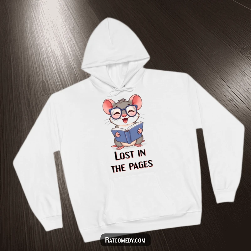 Funny Hoodie featuring a giggling rat with oversized glasses, engrossed in a thick book. Cozy intellectual apparel.
