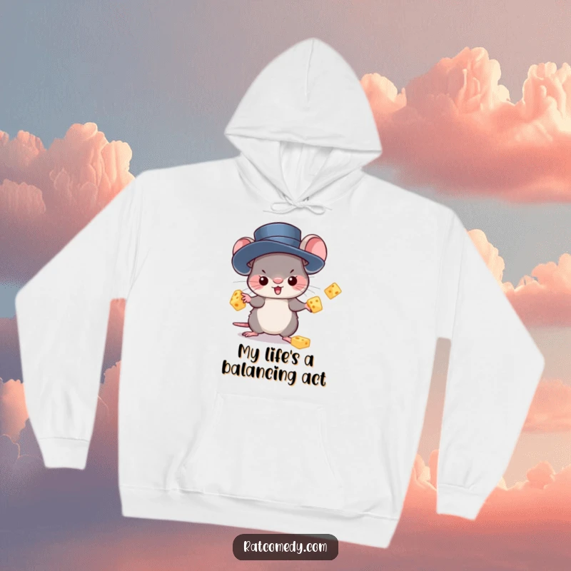 Funny Hoodie featuring a kawaii rat in a top hat, juggling cheese with adorable precision. Warm, cozy, and delightfully cheesy.