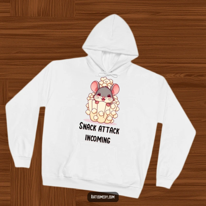 Funny Hoodie featuring a cheerful rat hiding behind a giant, overflowing popcorn kernel. Cozy and snack-themed apparel.