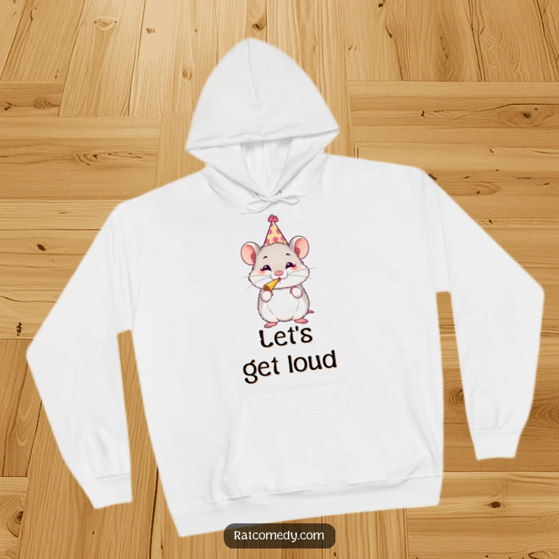 Funny Rat Party Hoodie showing a fluffy rat in a party hat blowing a horn, offering warmth and festive humor.