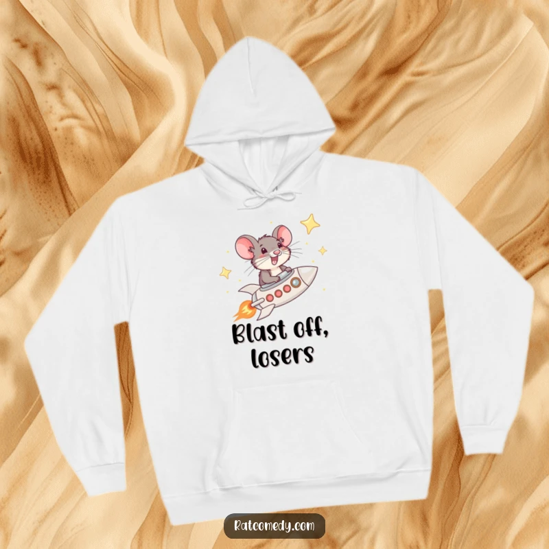 Funny Rat Rocket Hoodie showing a whiskered rat piloting a rocket through a starry sky, offering warmth and cosmic humor.