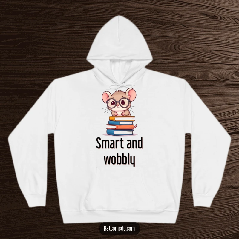Funny Rat Scholar Hoodie featuring a tiny, round rat wearing oversized spectacles, balancing books, providing warmth and intellectual humor.