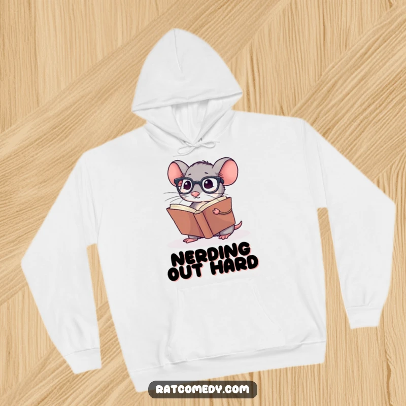 Funny Hoodie displaying a small rat wearing spectacles, reading a giant book, offering cozy and scholarly humor.