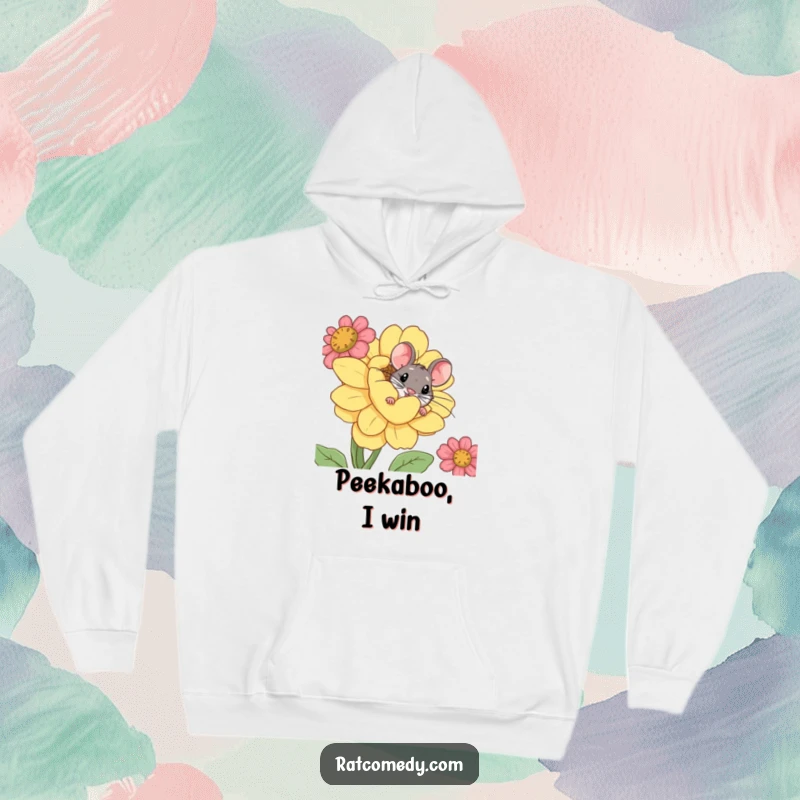 Funny hoodie featuring a small rat with wide eyes, peeking curiously from behind a massive, comical flower bloom.