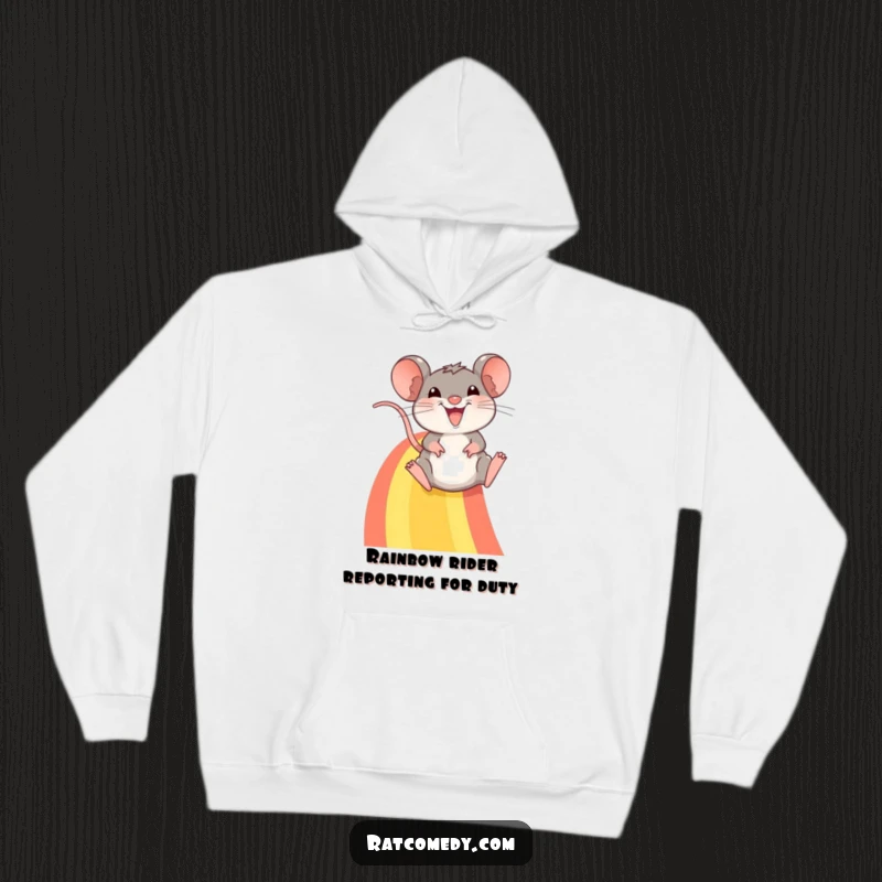 Funny hoodie: A playful rat with a huge smile gleefully slides down a colorful rainbow, embodying pure happiness.
