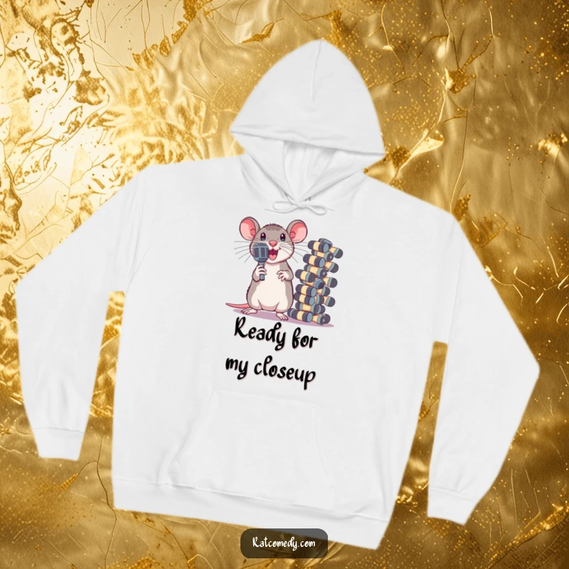 Funny Hoodie featuring a dramatic rat striking a pose next to a large stack of tiny microphones. Cozy performance-themed apparel.