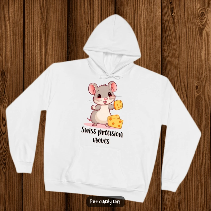 Funny hoodie featuring a small, energetic rat with intense focus, juggling several colorful cheese wheels.