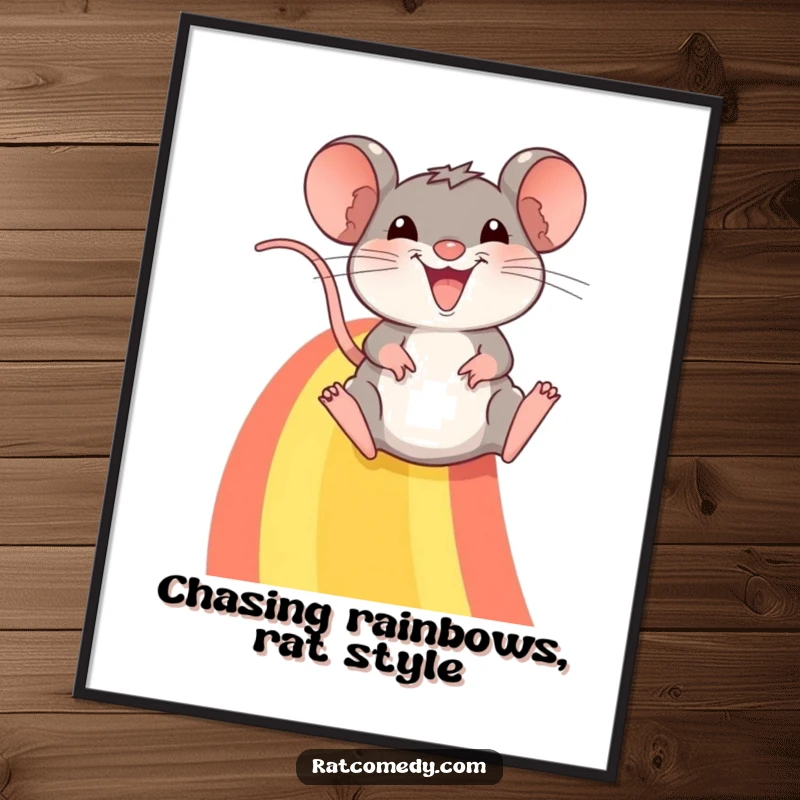 Funny Free Printable Rat in mid-slide down a vibrant rainbow, radiating pure joy, whimsical downloadable wall art.