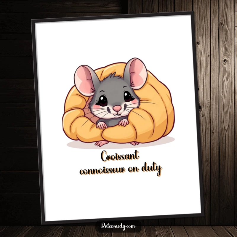 Funny Free Printable Rat peeking from behind an enormous, delicious-looking croissant, adding charm to downloadable wall art.