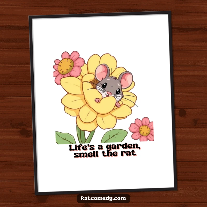 Funny Free Printable Wall Art: A curious rat peeks out from behind a giant, comical flower with a playful expression.