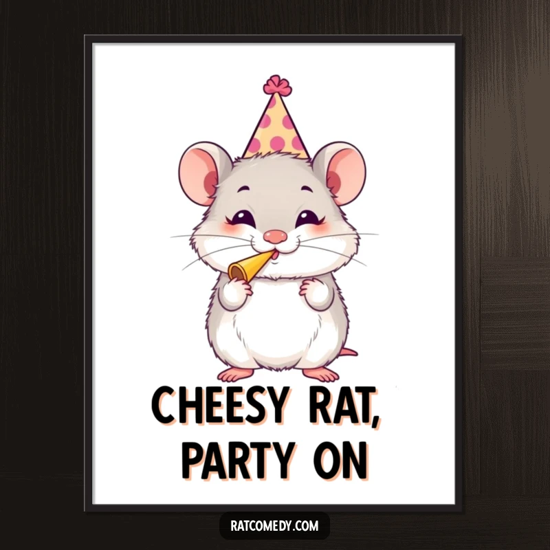 Funny free printable wall art featuring a fluffy rat adorned with a silly party hat, gleefully blowing a party horn, radiating pure festive energy.