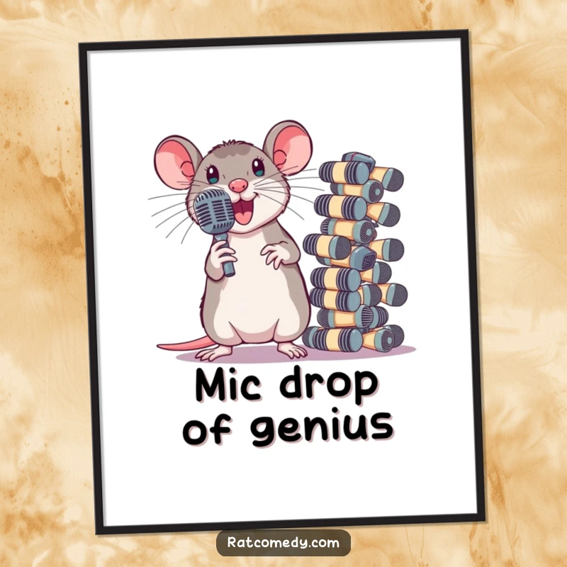 Funny Free Printable Wall Art: A rat dramatically posing next to a comically large stack of tiny microphones. Bold, humorous, and attention-grabbing.