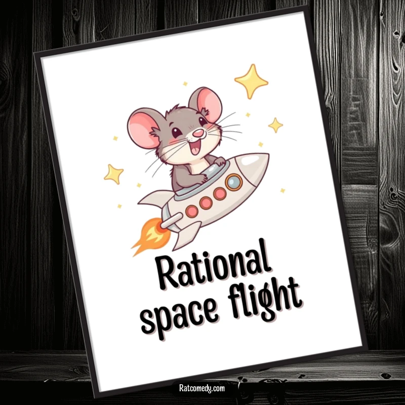 Funny free printable wall art of a whiskered rat gleefully piloting a mini rocket ship through a vast, starry sky, perfect for an adventurous vibe.