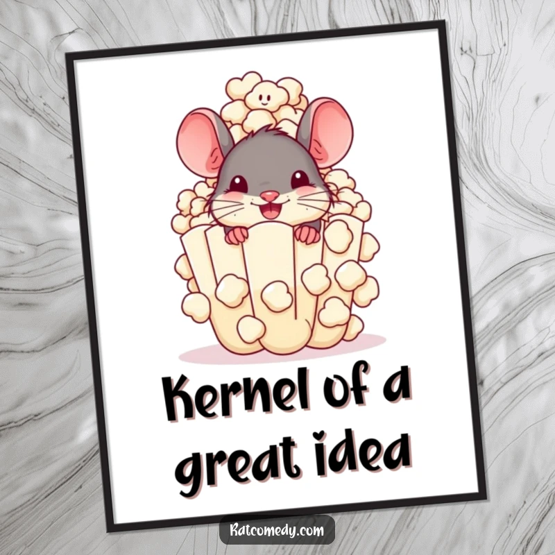 Funny Free Printable Wall Art: A cheerful rat peeking out from behind a gigantic, overflowing popcorn kernel. Whimsical and fun.