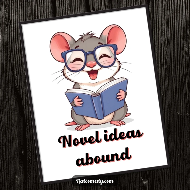 Funny Free Printable Wall Art: A giggling rat wearing comically large glasses, engrossed in reading a very thick book. Literary and humorous.