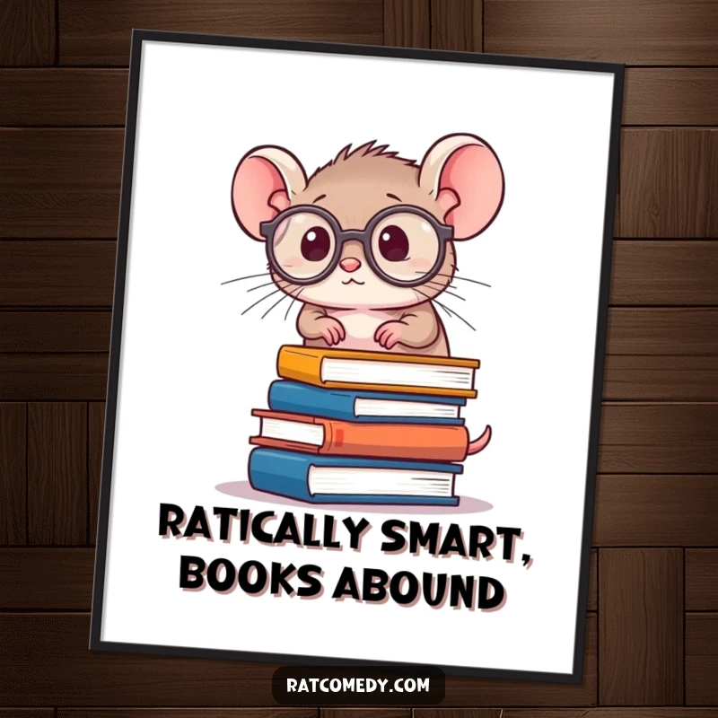 Funny free printable wall art of a tiny, round rat wearing oversized spectacles, precariously balancing a huge stack of books, adding whimsical charm.