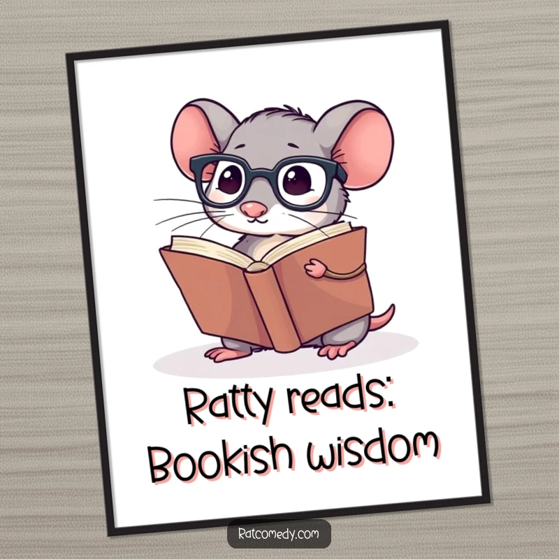 Funny Free Printable Wall Art of a small rat wearing spectacles, engrossed in a giant book. A smart and charming piece.