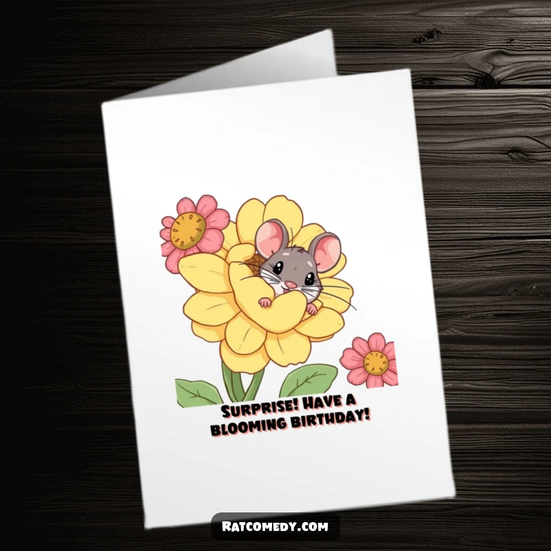 Funny Free Printable Birthday Card: A curious rat peeks from behind a large, silly flower for a birthday surprise.