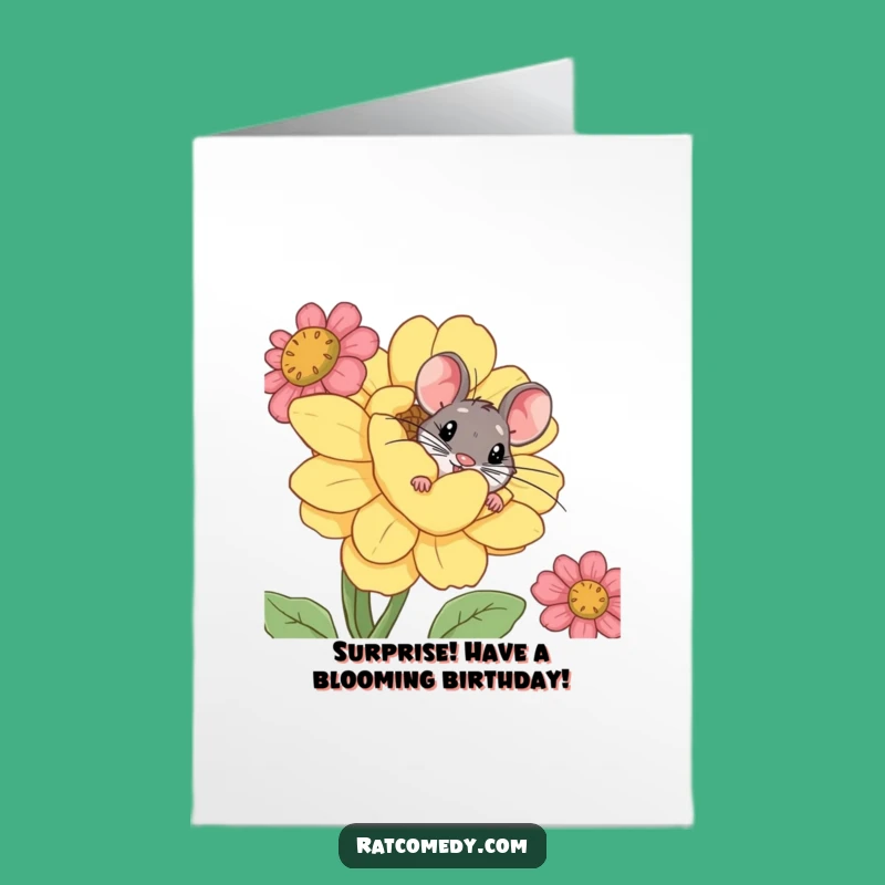 Free Printable Birthday Card: Curious Rat Hides Behind Flower for a Cheerful Surprise!