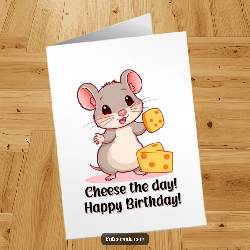 Funny Free Printable Birthday Card: Energetic rat artistically juggles vibrant cheese wheels, celebrating with a smile.