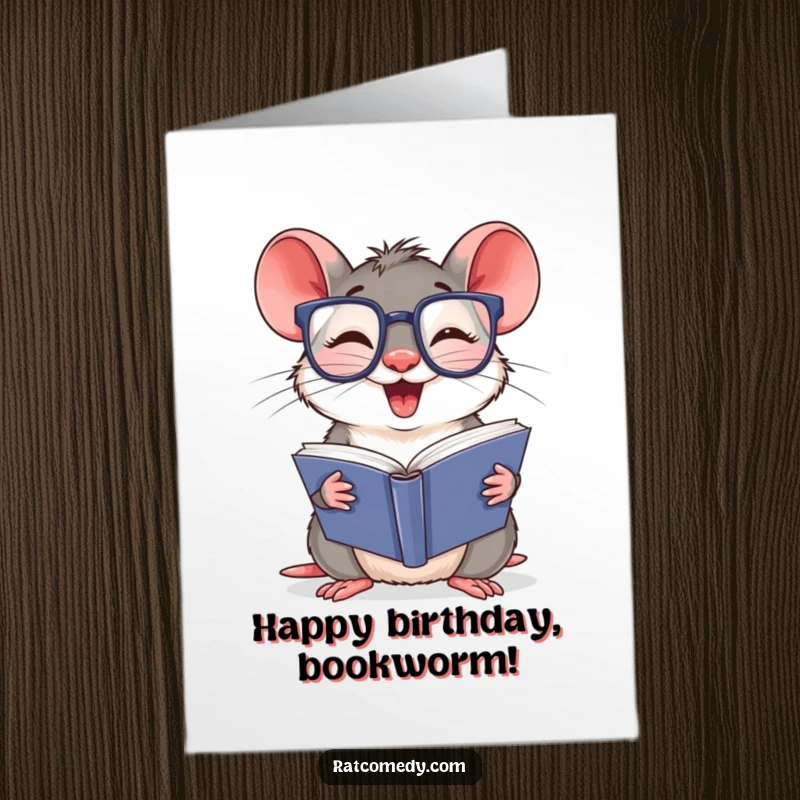 Funny Free Printable Birthday Card: Giggling rat with oversized glasses, deeply absorbed in reading a thick book. Intellectual humor.